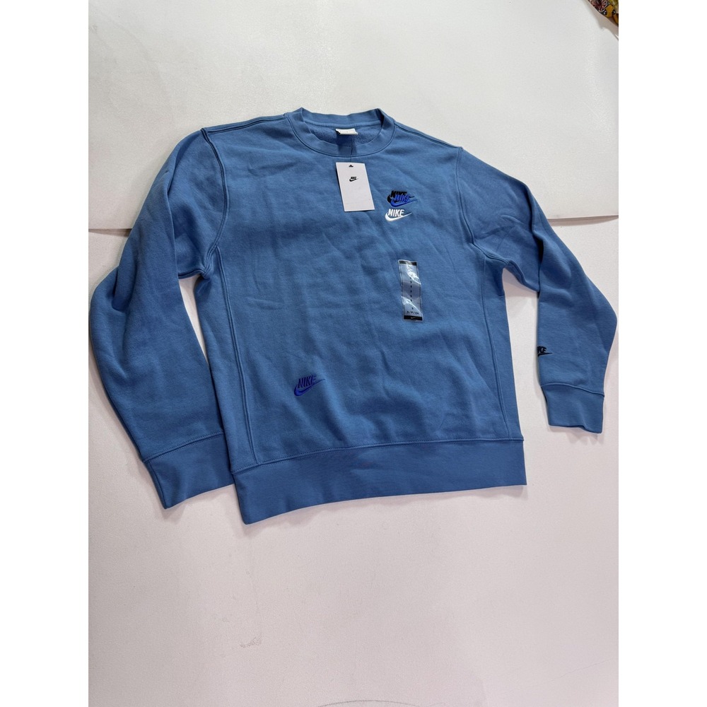 Nike Sweatshirt Mens Small Blue Fleece Pullover Multi Logo Crewneck DM0898-409